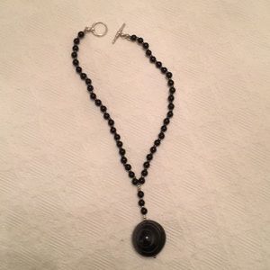 Obsidian stone beaded pendant necklace w/silver